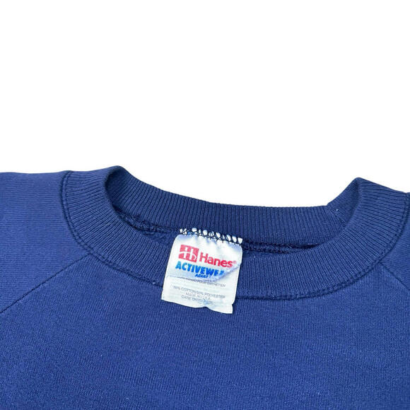 VTG Hanes USA Crewneck Sweatshirt Navy Blue Spellout Fleece Made In USA 90s Sz L - Picture 3 of 7